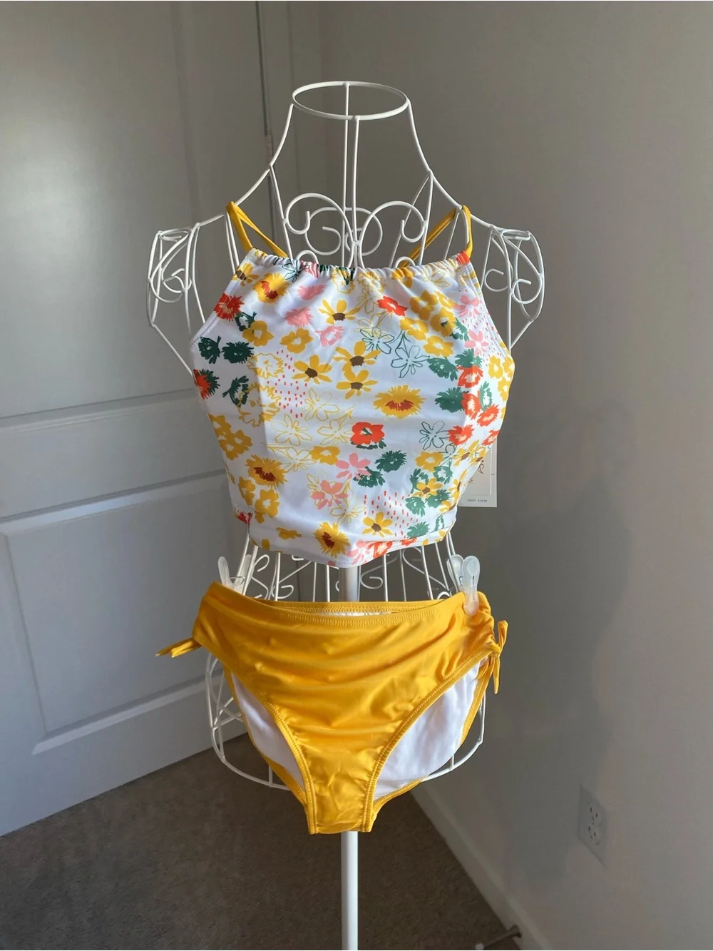 Girls Yellow Floral High-Neck Two-Piece Swim Set